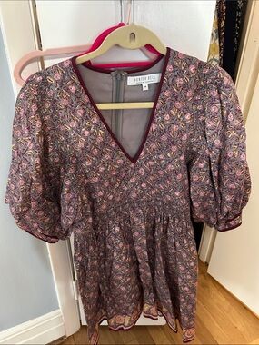 HUNTER BELL Mauve Floral V-Neck Puff Sleeve Mini Dress with Pink Accents